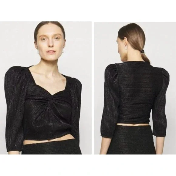 IRO Dollie Twist Front Short Sleeve Metallic Crop Top Blouse Size 10 NEW - Picture 2 of 11